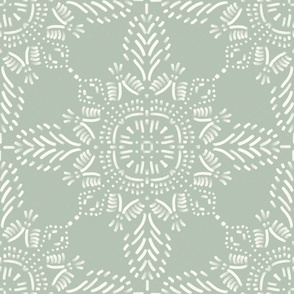 (L) Boho Painted Feathered Tile Monochromatic Coastal Pale Mint Green and White