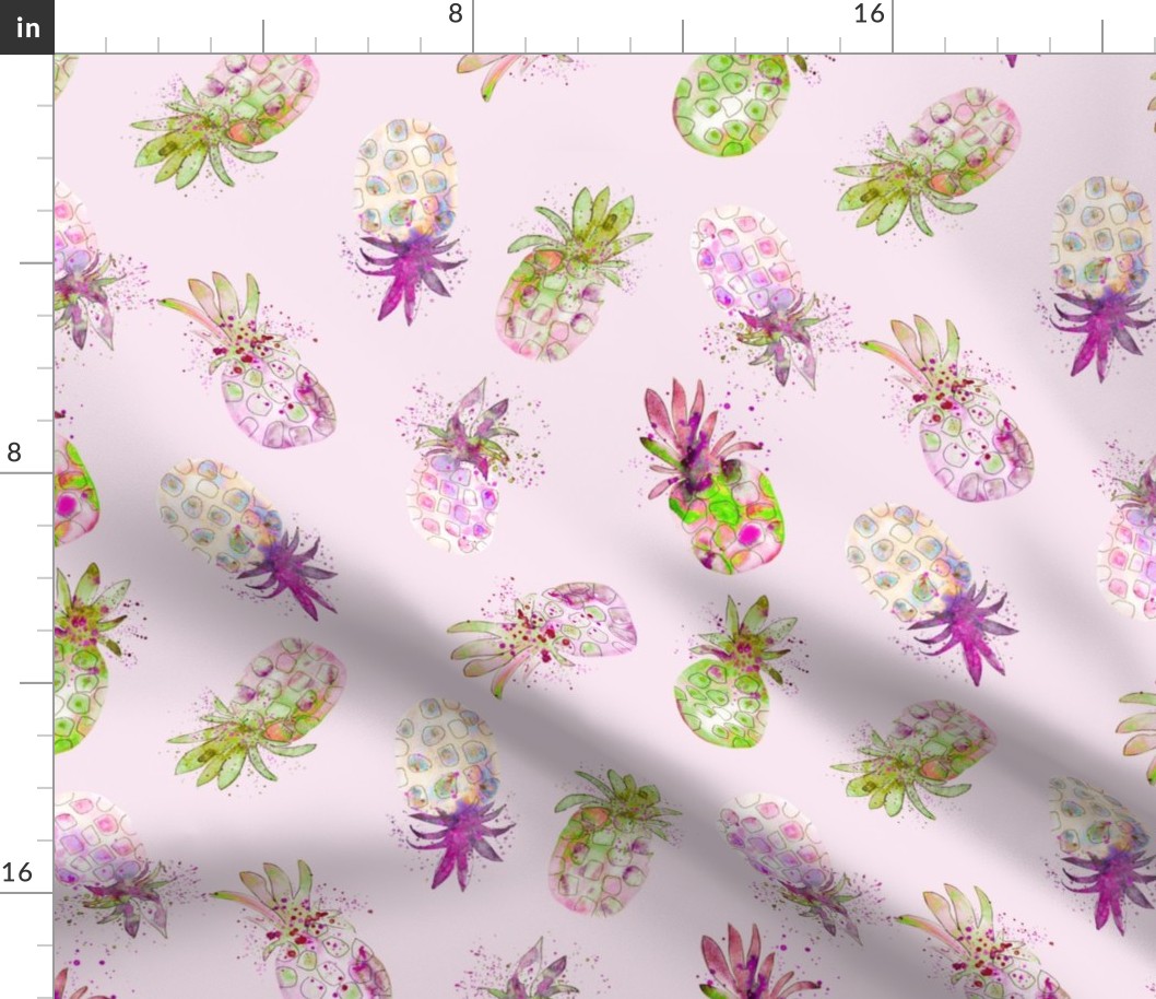 Pink purple and green pineapples in watercolor from Anines Atelier. Use the design for kitchen or pantry