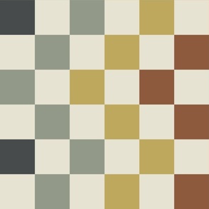 Retro Checker | Large Scale | Cream, Vintage Yellow, Burnt Orange, Teal, Mint | geometric checks