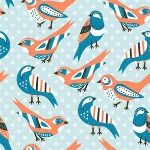 Various birds on a polka dot background