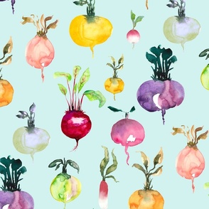 (l)Root vegetables in loose  watercolor with teal background from Anines Atelier. Colorful pattern for kitchen and pantry