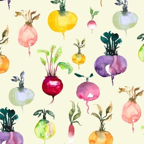 (l)Root vegetables in loose  watercolor with cream background from Anines Atelier. Colorful pattern for kitchen and pantry