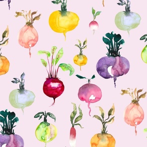 (l)Root vegetables in loose  watercolor with pink background from Anines Atelier. Colorful pattern for kitchen and pantry