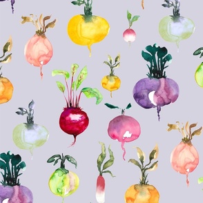 (l)Root vegetables in loose  watercolor with purple background from Anines Atelier. Colorful pattern for kitchen and pantry