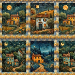 PROVENCE HOUSES LANDSCAPE STARRY NIGHT MOON BLUE FLWRHT