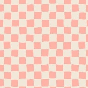 (Small) Checked irregular hand drawn checkerboard - melon blush pink with eggshell off-white