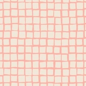 (Small) Irregular hand drawn square grid tiles - melon blush pink with eggshell off-white