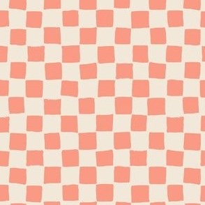 (Small) Checked irregular hand drawn checkerboard - melon pink with eggshell off-white 