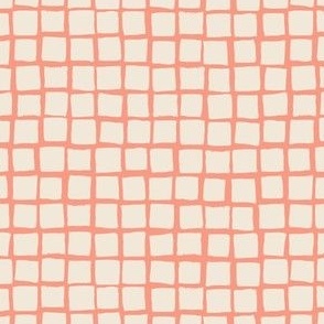 (Small) Irregular hand drawn square grid tiles - melon pink with eggshell off-white 