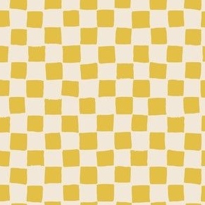 (Small) Checked irregular hand drawn checkerboard - mustard yellow with eggshell off-white