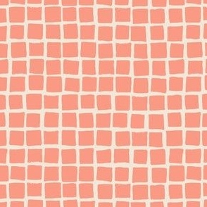 (Small) Irregular hand drawn square grid tiles -  melon pink with eggshell off-white 