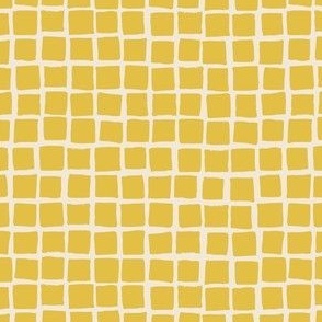 (Small) Irregular hand drawn square grid tiles - mustard yellow with eggshell off-white