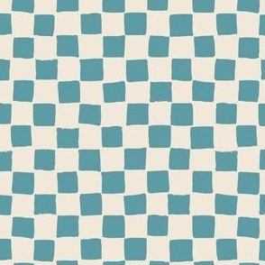 (Small) Checked irregular hand drawn checkerboard - cadet blue with eggshell off-white