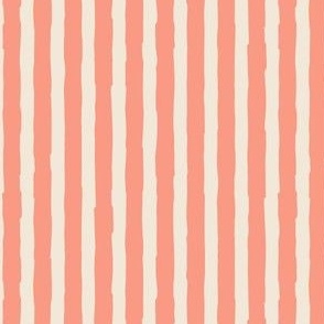 (Small) Vertical irregular hand drawn stripes -melon pink with eggshell off-white 