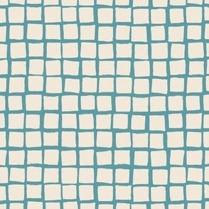(Small) Irregular hand drawn square grid tiles - cadet blue with eggshell off-white