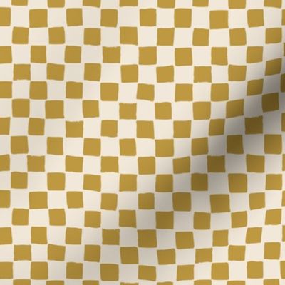 (Small) Checked irregular hand drawn checkerboard - brass yellow brown with eggshell off-white