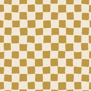(Small) Checked irregular hand drawn checkerboard - brass yellow brown with eggshell off-white