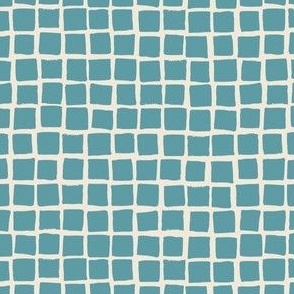 (Small) Irregular hand drawn square grid tiles - cadet blue with eggshell off-white