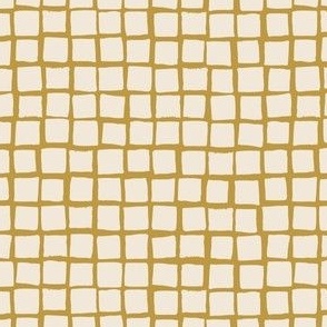 (Small) Irregular hand drawn square grid tiles - brass yellow with eggshell off-white