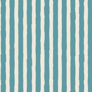 (Small)  Vertical irregular hand drawn stripes - cadet blue with eggshell off-white