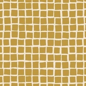 (Small) Irregular hand drawn square grid tiles - brass yellow with eggshell off-white