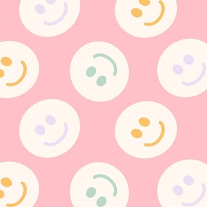 Retro 70s Smiley Pastel Face Polka Dot on a Pink Background Large Scale