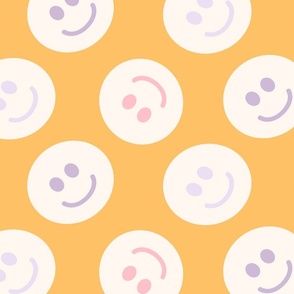 Retro 70s Smiley Pastel Face Polka Dot on a Sunshine Yellow Background Large Scale