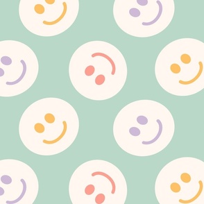 Retro 70s Smiley Pastel Face Polka Dot on a Soft Green Background Large Scale