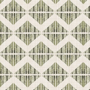 Large - A block printed design of triangles and squares and a graphic zigzag of flax coloured textured linen. Ironside, moss green, khaki and viridis.
