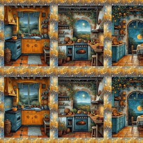 PROVENCE KITCHEN CUISINE STARRY NIGHT MOON BLUE FLWRHT