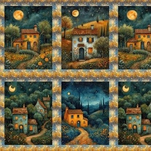 SMALL SCALE PROVENCE HOUSES LANDSCAPE STARRY NIGHT MOON BLUE FLWRHT