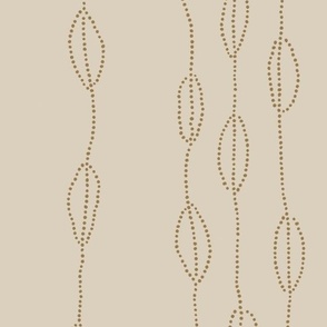 Minimalist handdrawn diamond shaped seeds on inky dotted lines, golden brown on light taupe