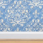  Antique Bird Ribbon Damask | Bright Blue | Rustic Tuscan Rococo