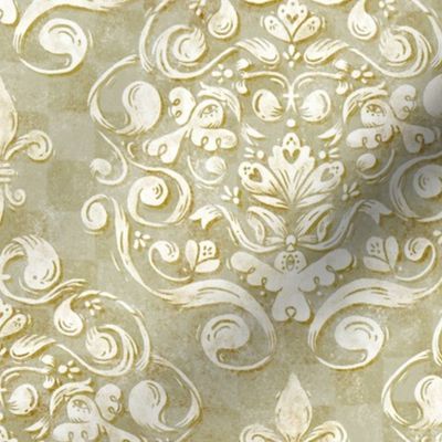 Antique Bird Ribbon Damask | Olive Green | Rustic Tuscan Rococo