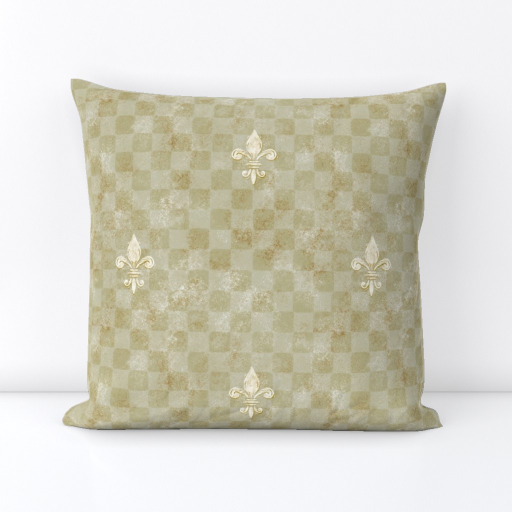  Medieval Fleur De Lis Antique Checkerboard | Olive Green | Rustic French Tuscan Rococo