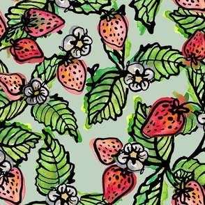 Big strawberries spread our in Watercolor- Light Green background