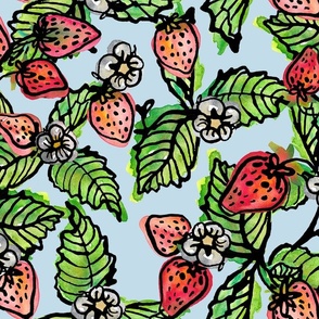 Big strawberries spread our in Watercolor- Baby Blue background