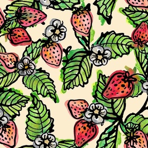 Big strawberries spread our in Watercolor- Light Ecru background