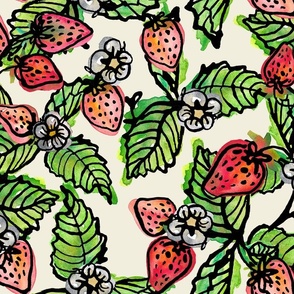 Big strawberries spread our in Watercolor-Crisp Cream background