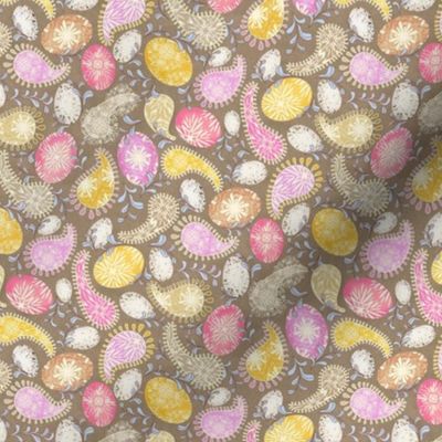 easter eggs spring paisley folk Polish Ukrainian pysanki non-directional | pink yellow pale blue neutral tan taupe rustic texture | small ditsy