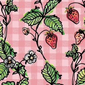 Climbing Strawberry Vines in Watercolor on Gingham Check - Soft Pinks