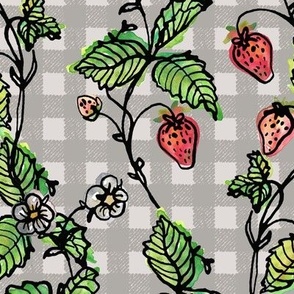 Climbing Strawberry Vines in Watercolor on Gingham Check - Greys