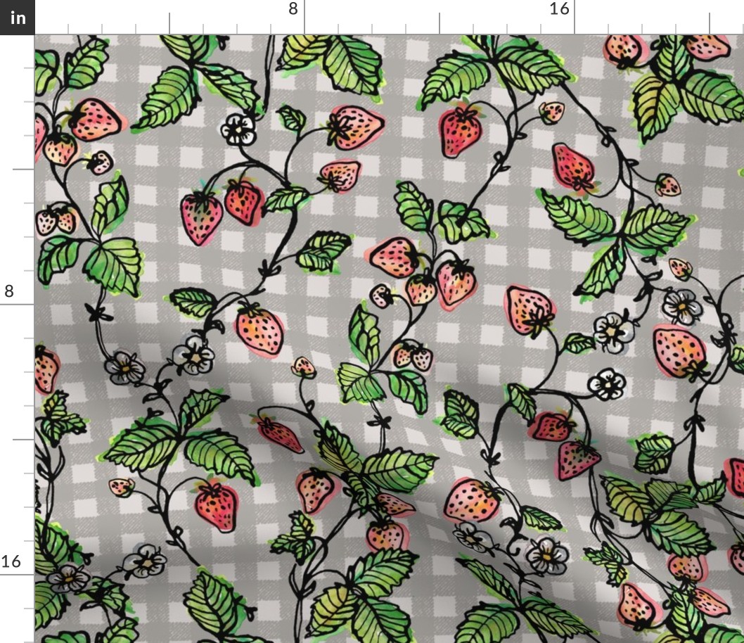 Climbing Strawberry Vines in Watercolor on Gingham Check - Greys