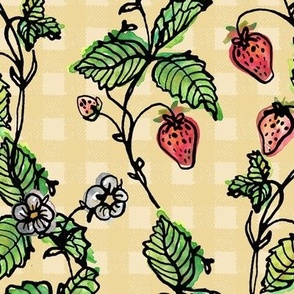 Climbing Strawberry Vines in Watercolor on Gingham Check - Yellow