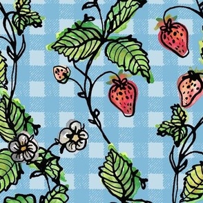 Climbing Strawberry Vines in Watercolor on Gingham Check - Blues