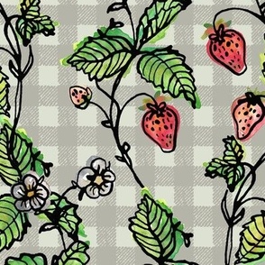 Climbing Strawberry Vines in Watercolor on Gingham Check - Greens