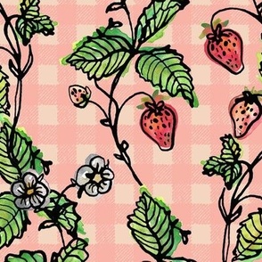 Climbing Strawberry Vines in Watercolor on Gingham Check - Nude