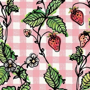 Climbing Strawberry Vines in Watercolor on Gingham Check - Retro Pink