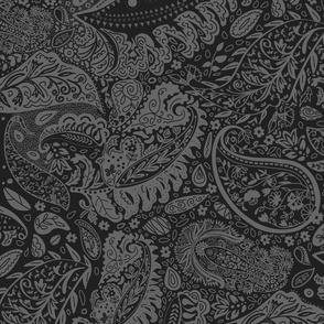 beautiful floral ornate paisley gray and dark grey / black - large scale