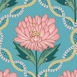 Pink and blue decorative trellis pattern with graphical peony flowers  - mid size.